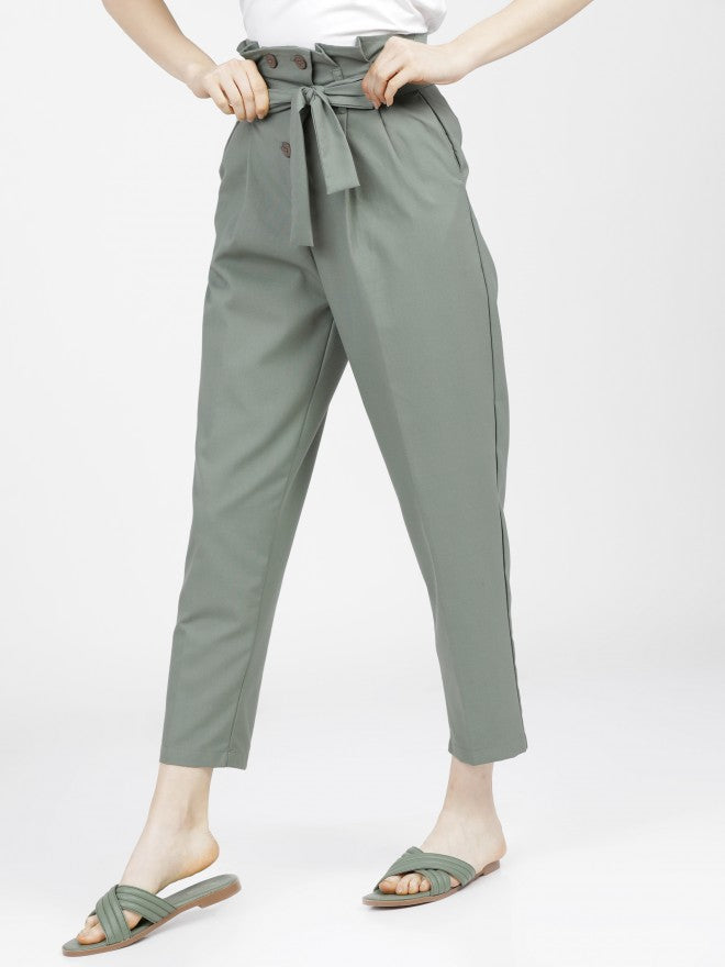 Tokyo Talkies Womens Green Pleated Ankle Length Trouser - Green - Image 2