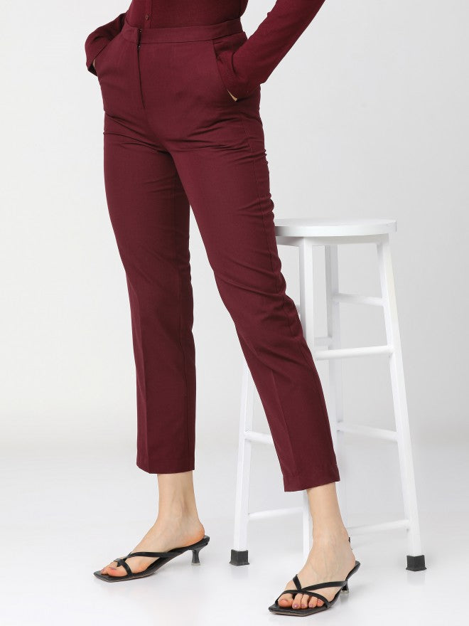Tokyo Talkies Womens Maroon Straight Fit Ankle Length Trouser - Maroon - Image 1