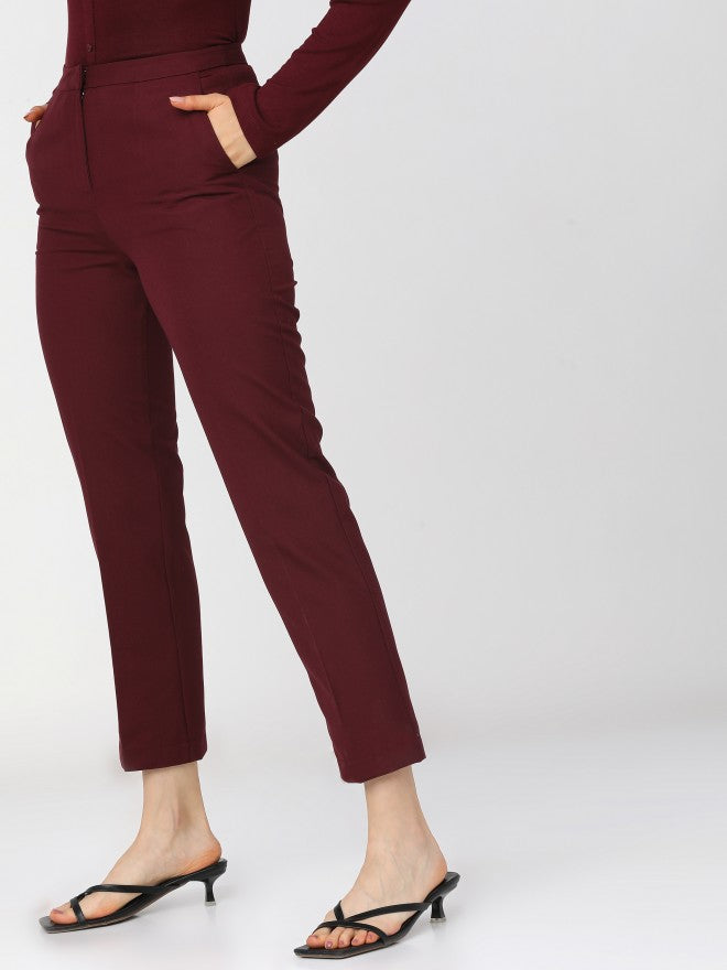 Tokyo Talkies Womens Maroon Straight Fit Ankle Length Trouser - Maroon - Image 3