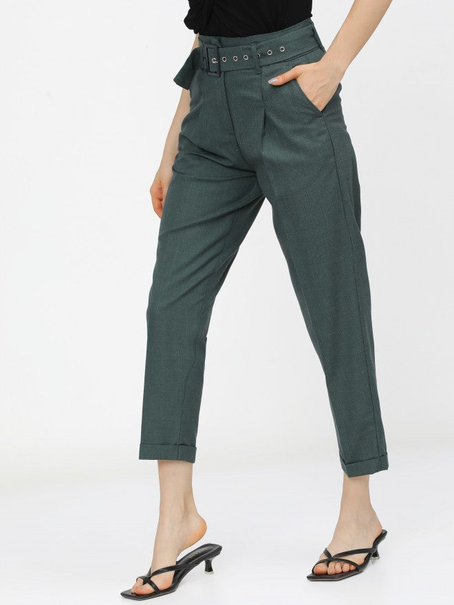 Tokyo Talkies Womens Green Pleated Ankle Length Trouser With Belt - Green - Image 1