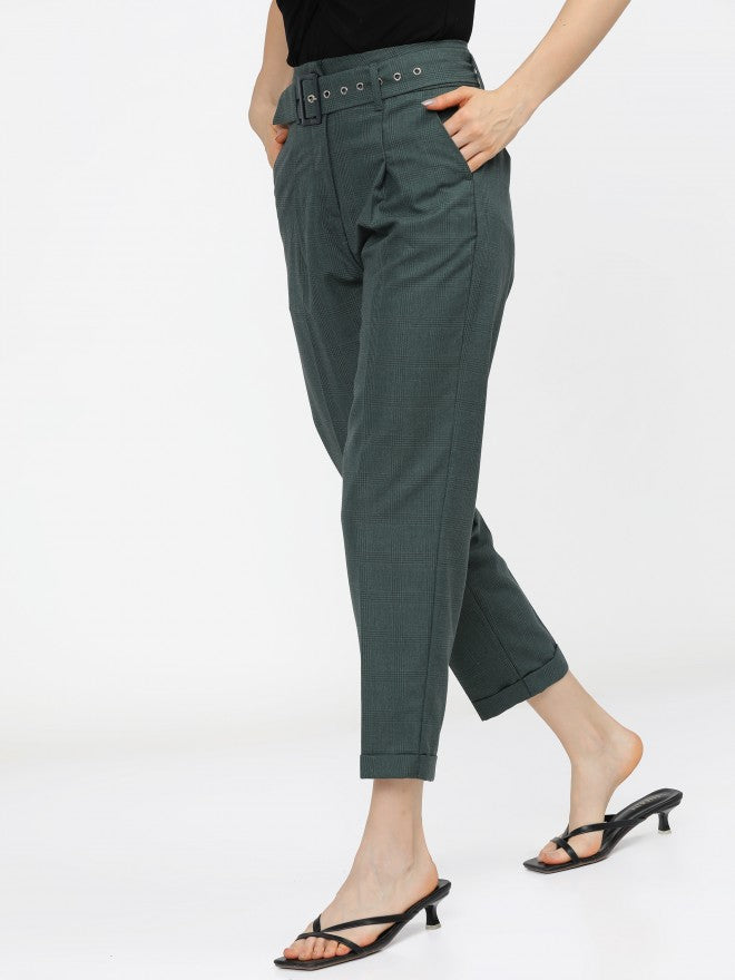 Tokyo Talkies Womens Green Pleated Ankle Length Trouser With Belt - Green - Image 2