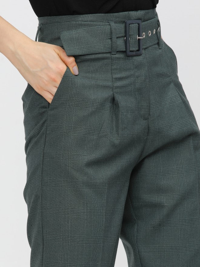 Tokyo Talkies Womens Green Pleated Ankle Length Trouser With Belt - Green - Image 4