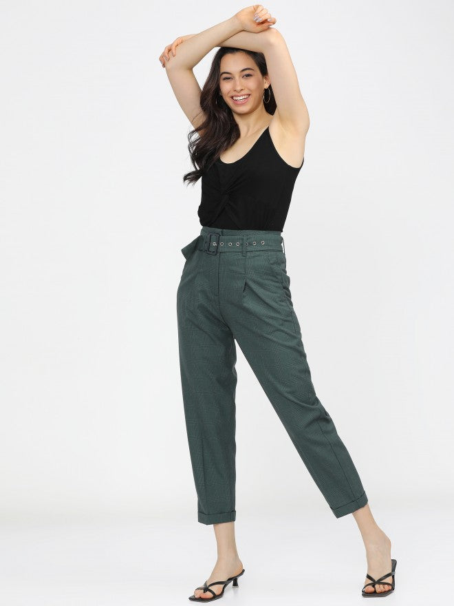 Tokyo Talkies Womens Green Pleated Ankle Length Trouser With Belt - Green - Image 5