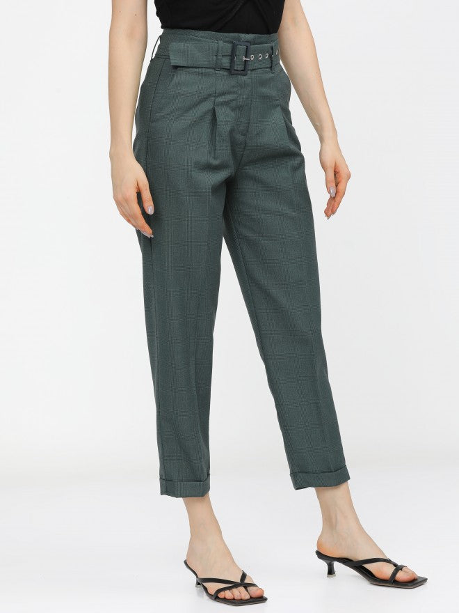 Tokyo Talkies Womens Green Pleated Ankle Length Trouser With Belt - Green - Image 6