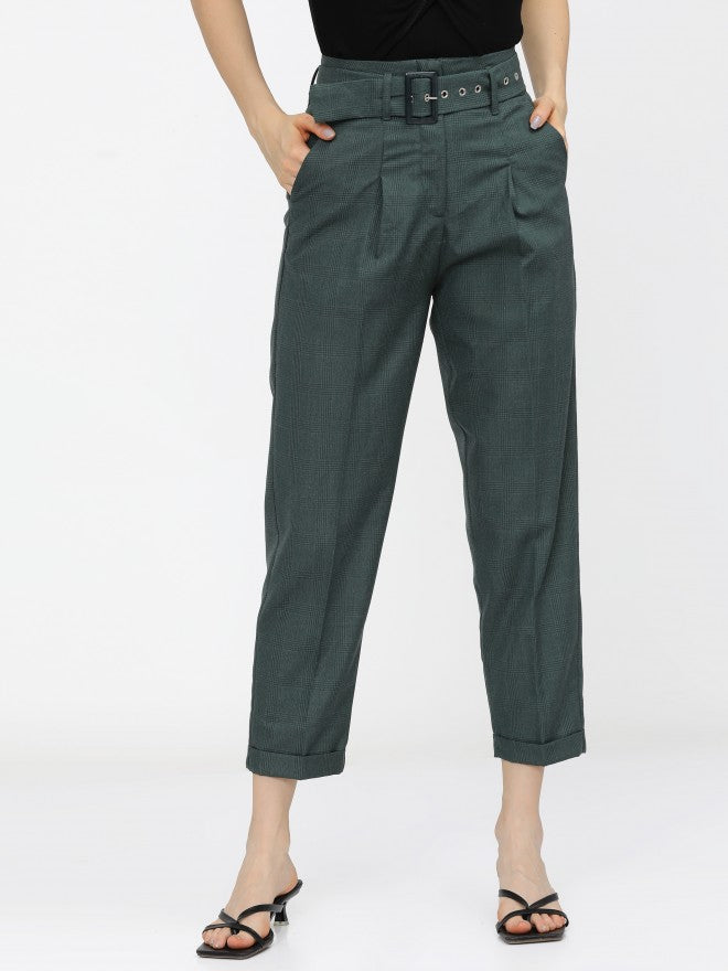 Tokyo Talkies Womens Green Pleated Ankle Length Trouser With Belt - Green - Image 7