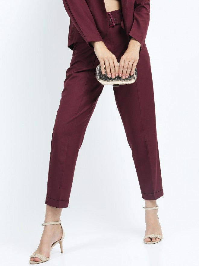 Tokyo Talkies Womens Burgandy Pleated Ankle Length Trouser With Belt - Burgundy - Image 1