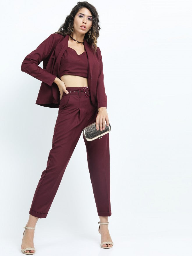 Tokyo Talkies Womens Burgandy Pleated Ankle Length Trouser With Belt - Burgundy - Image 2