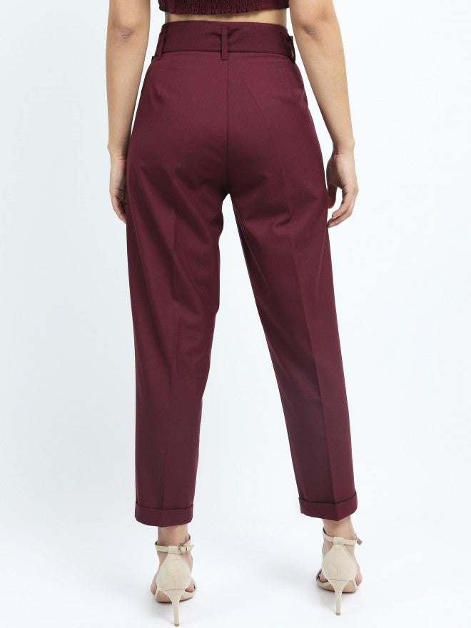 Tokyo Talkies Womens Burgandy Pleated Ankle Length Trouser With Belt - Burgundy - Image 3
