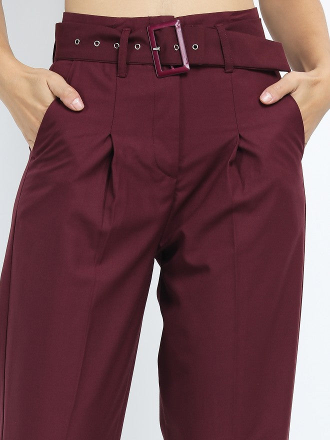 Tokyo Talkies Womens Burgandy Pleated Ankle Length Trouser With Belt - Burgundy - Image 4