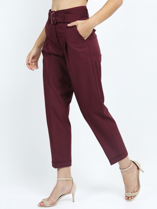 Tokyo Talkies Womens Burgandy Pleated Ankle Length Trouser With Belt - Burgundy - Image 5