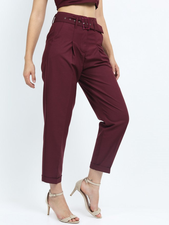 Tokyo Talkies Womens Burgandy Pleated Ankle Length Trouser With Belt - Burgundy - Image 6
