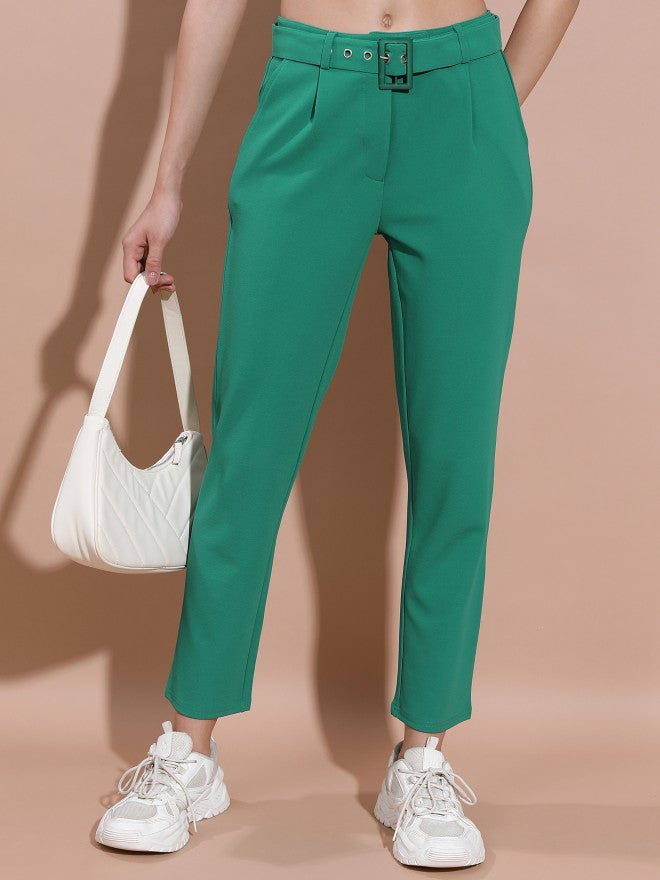 Tokyo Talkies Women Teal Regular Fit Solid Casual Trousers - Teal - Image 1