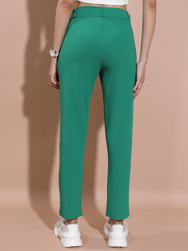 Tokyo Talkies Women Teal Regular Fit Solid Casual Trousers - Teal - Image 3