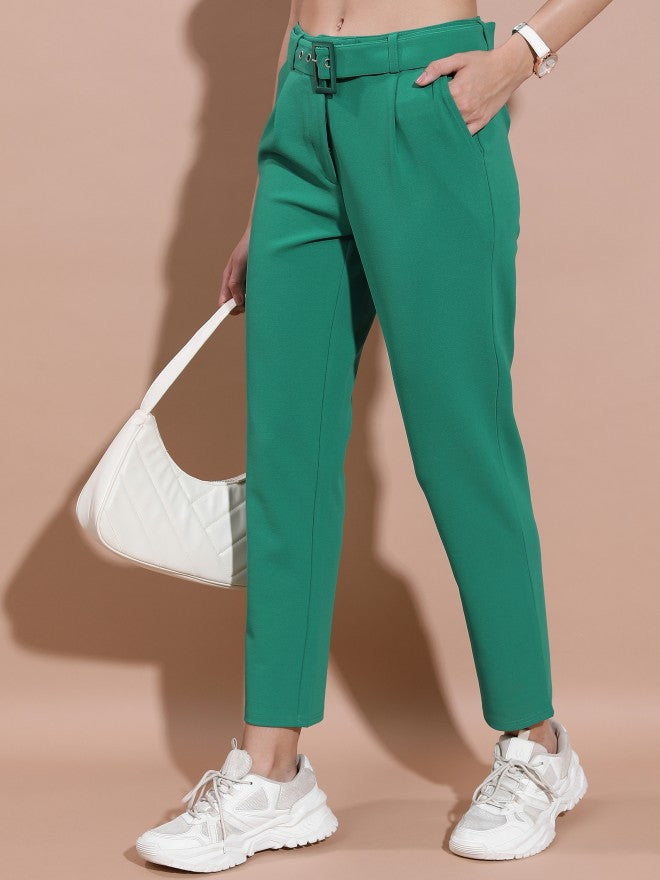 Tokyo Talkies Women Teal Regular Fit Solid Casual Trousers - Teal - Image 4