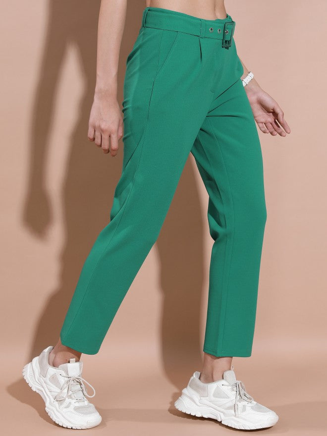 Tokyo Talkies Women Teal Regular Fit Solid Casual Trousers - Teal - Image 6