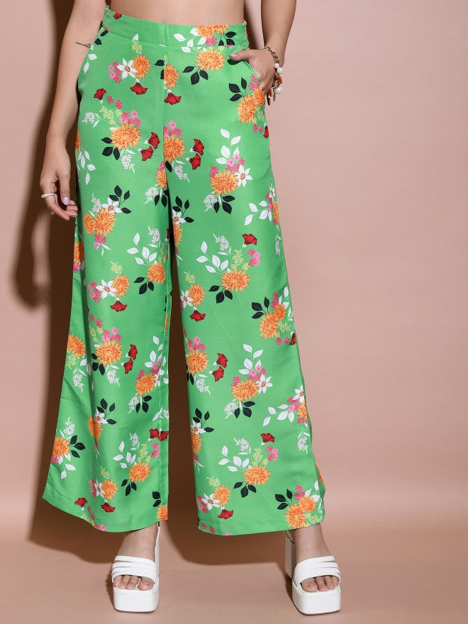 Tokyo Talkies Women Green/Orange/Multi Flared Printed Casual Trouser - Green - Image 1