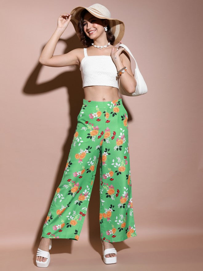 Tokyo Talkies Women Green/Orange/Multi Flared Printed Casual Trouser - Green - Image 2