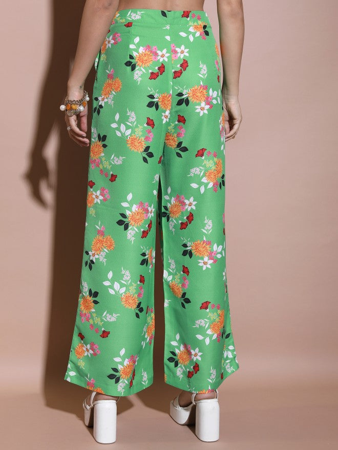 Tokyo Talkies Women Green/Orange/Multi Flared Printed Casual Trouser - Green - Image 3