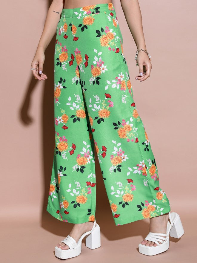 Tokyo Talkies Women Green/Orange/Multi Flared Printed Casual Trouser - Green - Image 4
