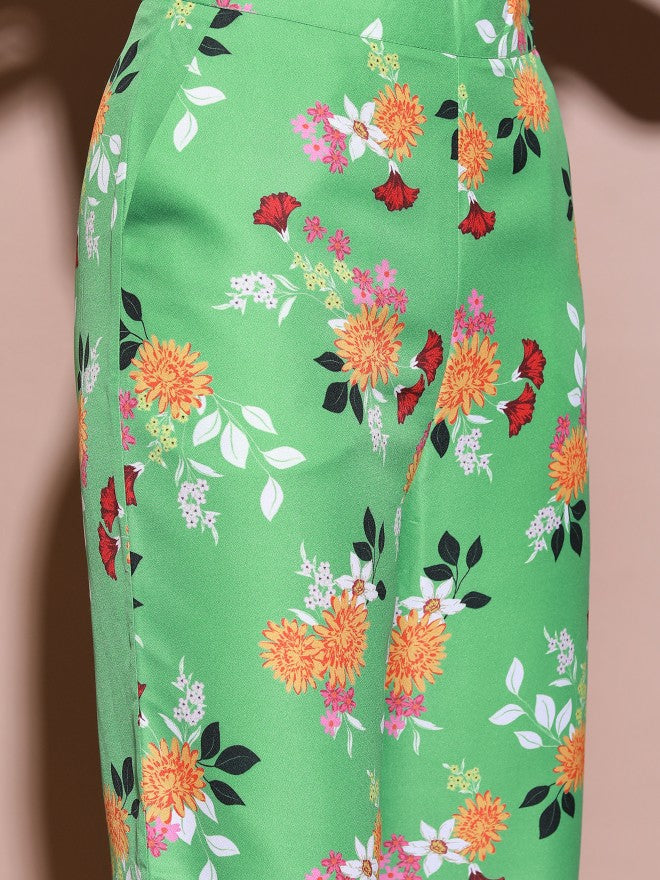 Tokyo Talkies Women Green/Orange/Multi Flared Printed Casual Trouser - Green - Image 5
