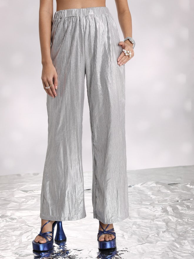 Tokyo Talkies Women Silver Self Design Flared Casual Trouser - Silver - Image 1