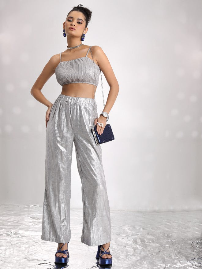Tokyo Talkies Women Silver Self Design Flared Casual Trouser - Silver - Image 2