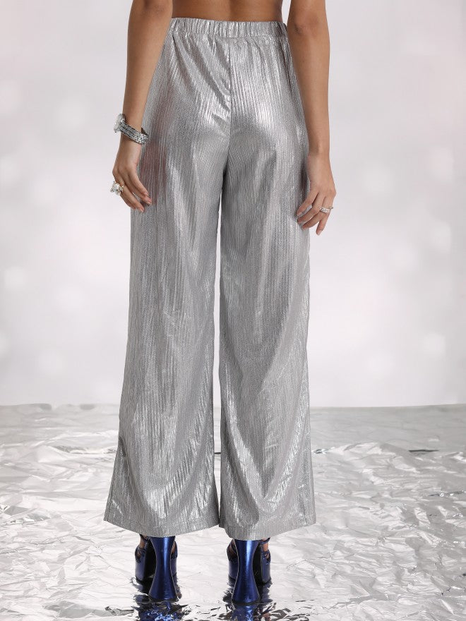 Tokyo Talkies Women Silver Self Design Flared Casual Trouser - Silver - Image 3
