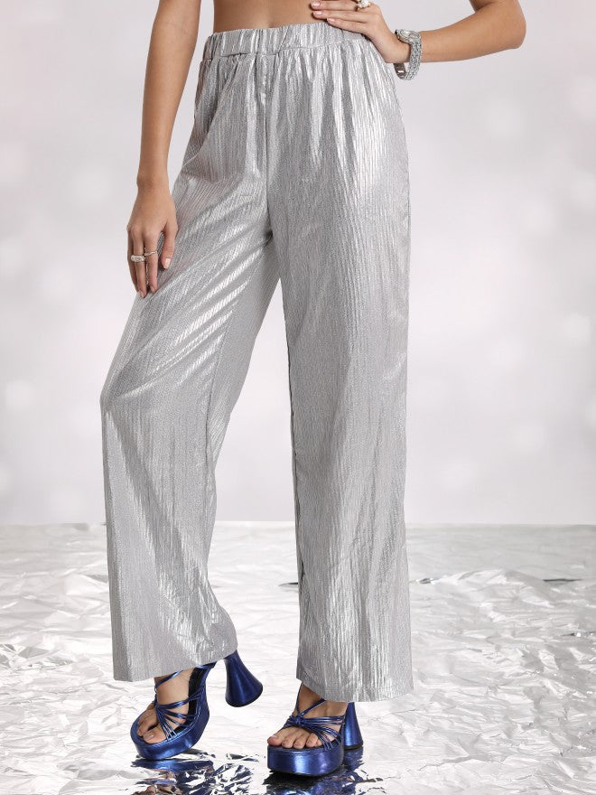 Tokyo Talkies Women Silver Self Design Flared Casual Trouser - Silver - Image 4