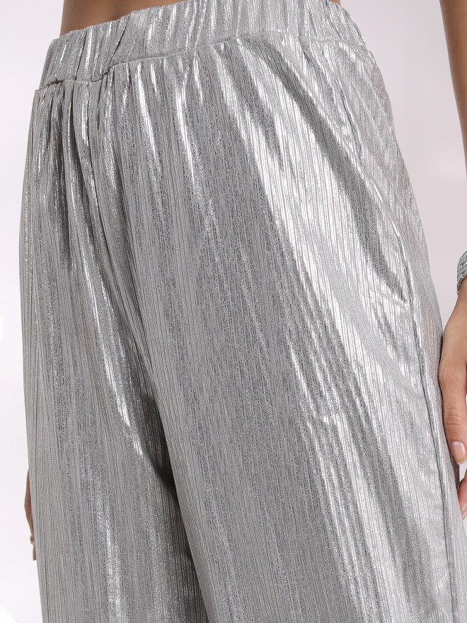 Tokyo Talkies Women Silver Self Design Flared Casual Trouser - Silver - Image 5