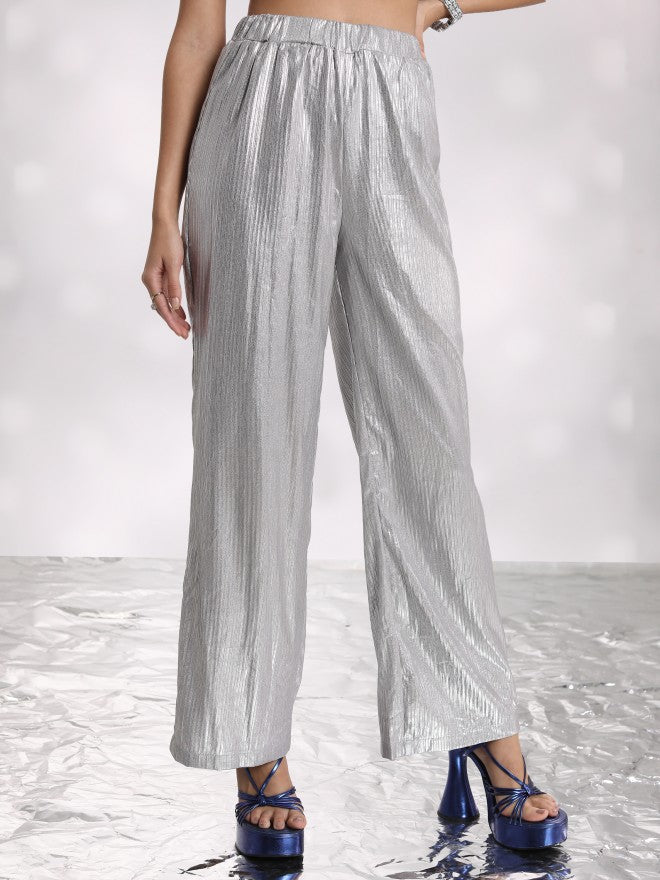 Tokyo Talkies Women Silver Self Design Flared Casual Trouser - Silver - Image 6