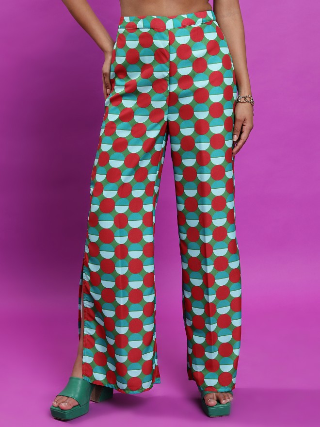 Tokyo Talkies Women Red Printed Wide Leg Casual Trouser - Red - Image 1