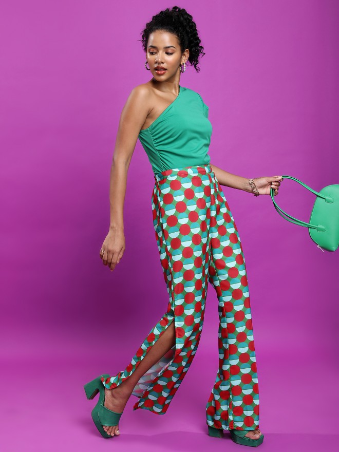 Tokyo Talkies Women Red Printed Wide Leg Casual Trouser - Red - Image 2
