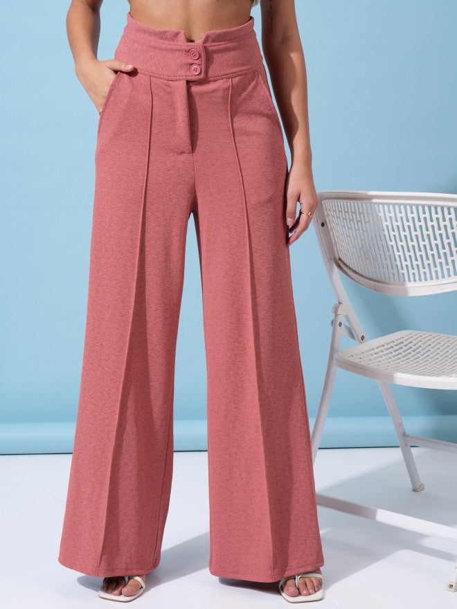 Tokyo Talkies Women Rose Solid Flared Casual Trousers - Rose - Image 1