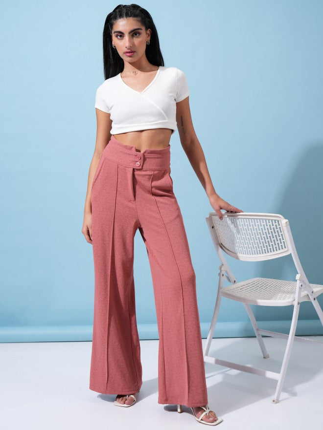 Tokyo Talkies Women Rose Solid Flared Casual Trousers - Rose - Image 2