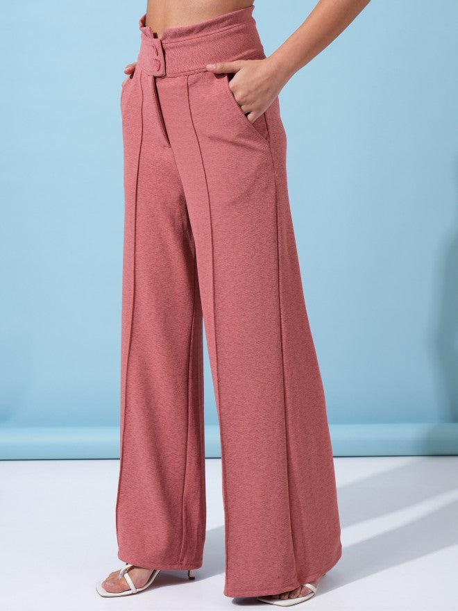 Tokyo Talkies Women Rose Solid Flared Casual Trousers - Rose - Image 4