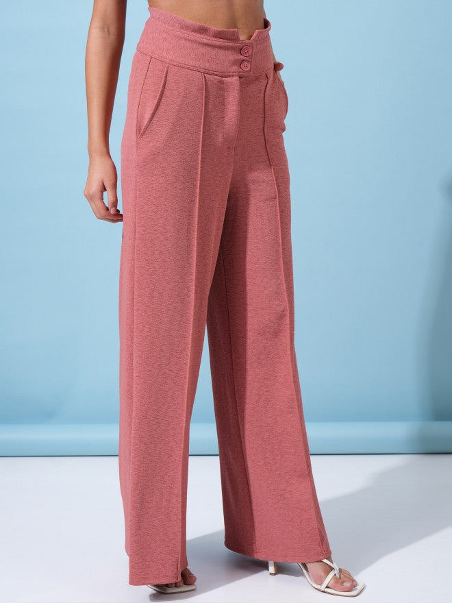 Tokyo Talkies Women Rose Solid Flared Casual Trousers - Rose - Image 6