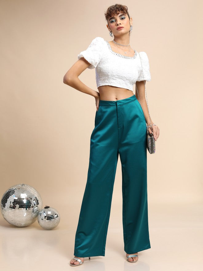 Tokyo Talkies Women Teal Solid Regular Fit Casual Trouser - Teal - Image 2