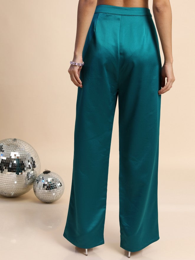 Tokyo Talkies Women Teal Solid Regular Fit Casual Trouser - Teal - Image 3