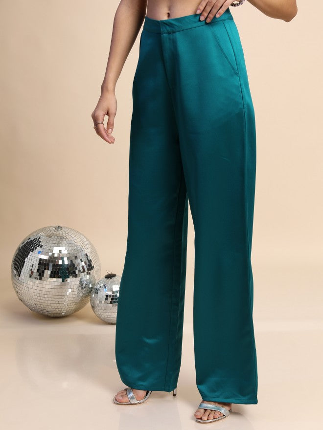 Tokyo Talkies Women Teal Solid Regular Fit Casual Trouser - Teal - Image 4