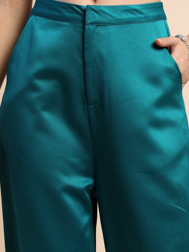 Tokyo Talkies Women Teal Solid Regular Fit Casual Trouser - Teal - Image 5