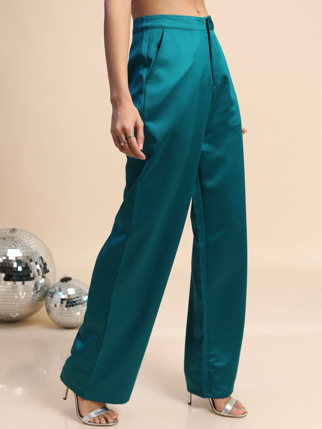 Tokyo Talkies Women Teal Solid Regular Fit Casual Trouser - Teal - Image 6