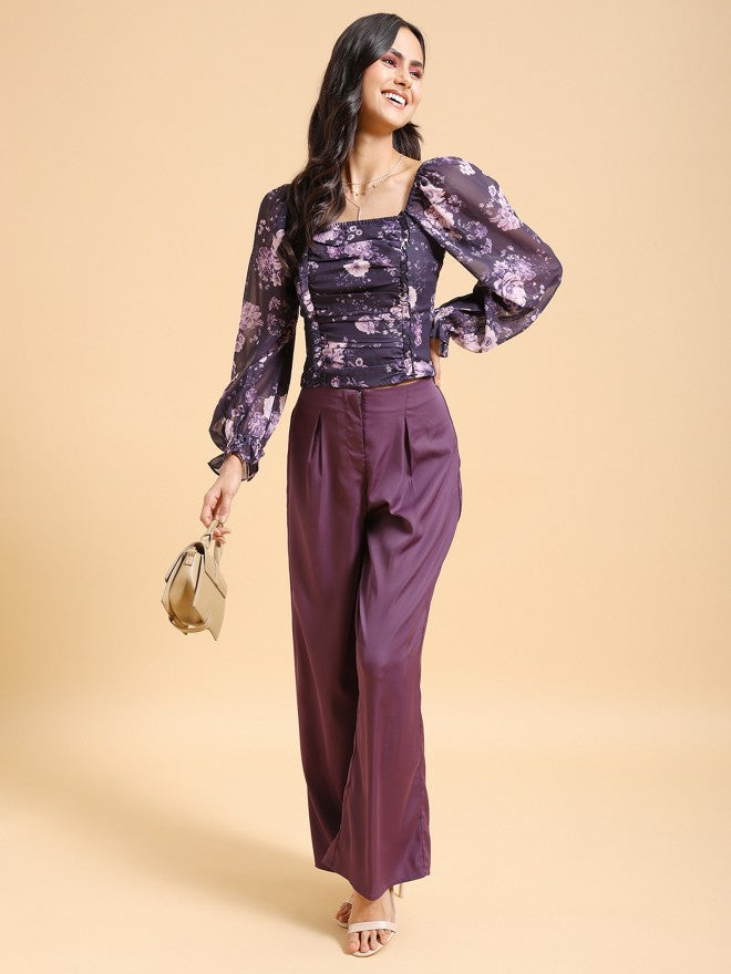Tokyo Talkies Women Purple Solid Flared Casual Trouser - Purple - Image 2