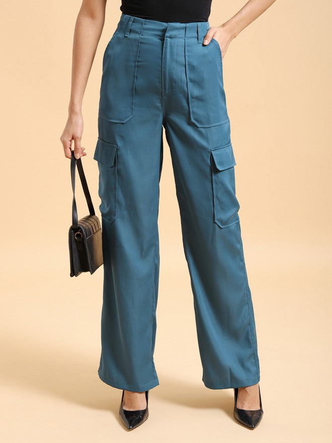 Tokyo Talkies Women Teal Solid Regular Fit Cargos - Teal - Image 1
