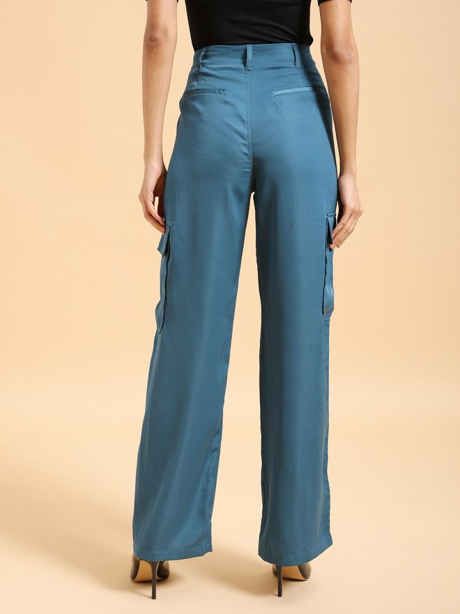 Tokyo Talkies Women Teal Solid Regular Fit Cargos - Teal - Image 3