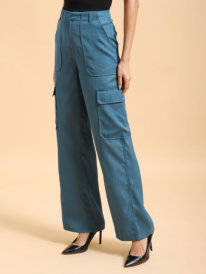 Tokyo Talkies Women Teal Solid Regular Fit Cargos - Teal - Image 4