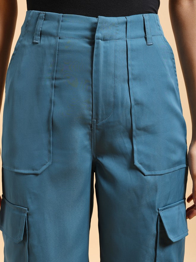 Tokyo Talkies Women Teal Solid Regular Fit Cargos - Teal - Image 5