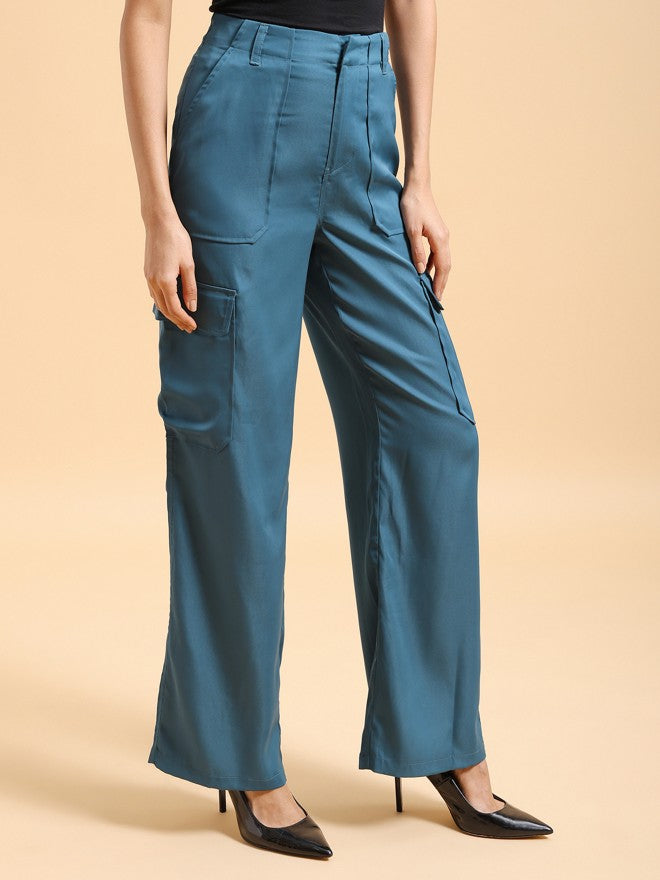 Tokyo Talkies Women Teal Solid Regular Fit Cargos - Teal - Image 6