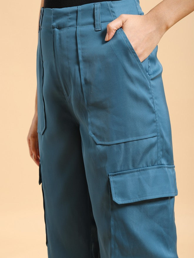 Tokyo Talkies Women Teal Solid Regular Fit Cargos - Teal - Image 7