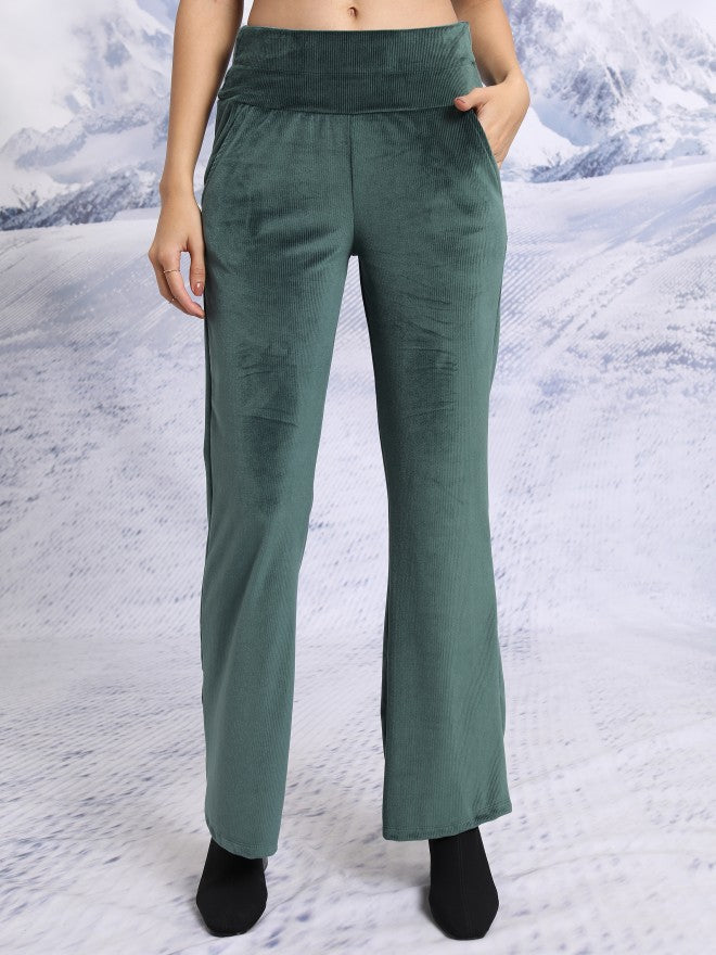 Tokyo Talkies Women Green Solid Flared Casual Trouser - Green - Image 1