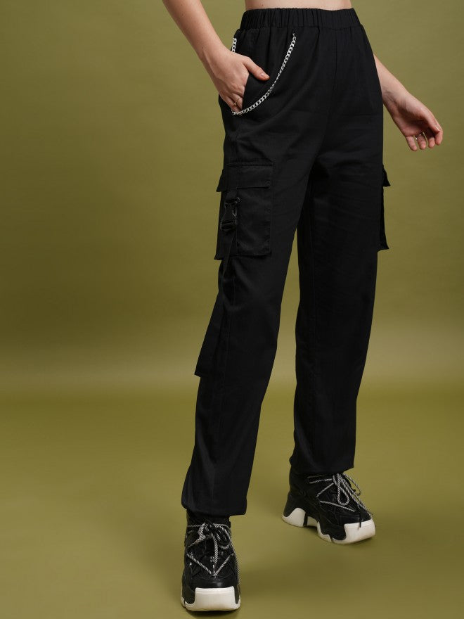Tokyo Talkies Women Black Solid Regular Fit Cargos - Black - Image 1